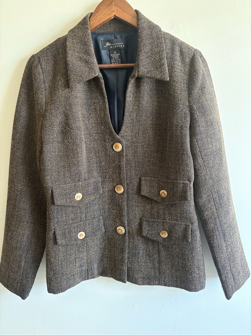 JM Collection Atelier Gray Wool-Blend Military Blazer Size 6 Gold Buttons